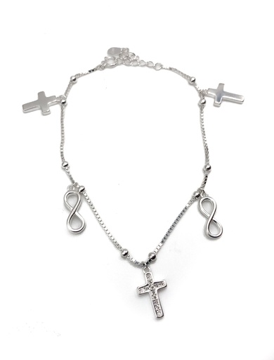 [B0049] Pulseras plata cruces e infinitos colgantes