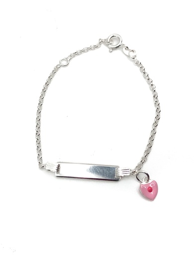 [B0053] Pulseras plata niña de placa con corazón esmaltado rosado