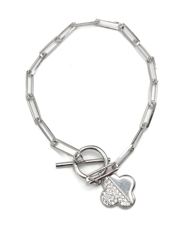 [B0069] Pulseras plata eslabón largo broche de flor