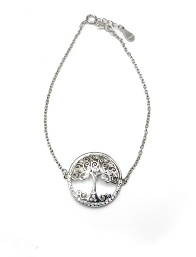 [B0070] Pulseras plata árbol de la vida con piedras blancas