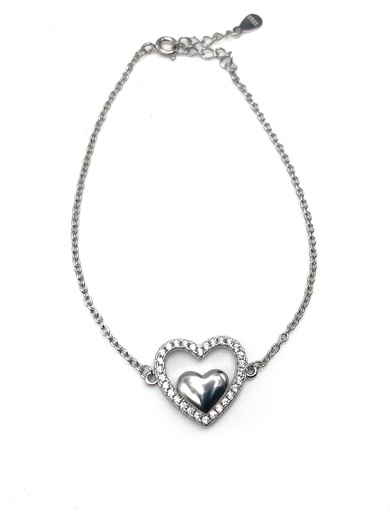 [B0072] Pulseras plata corazón grande de piedras y corazón pequeño liso