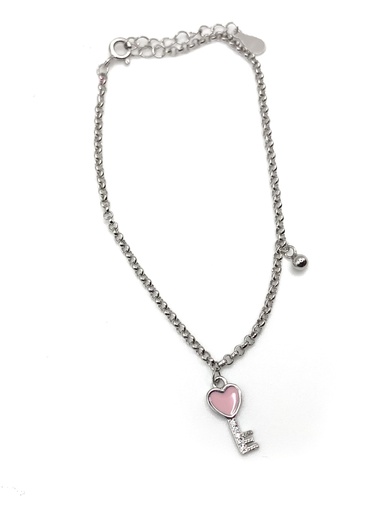 [B0081] Pulseras plata llave de corazón esmaltado rosa