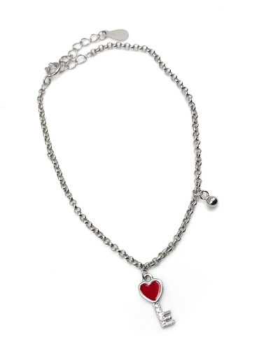 [B0082] Pulseras plata llave de corazón esmaltado roja