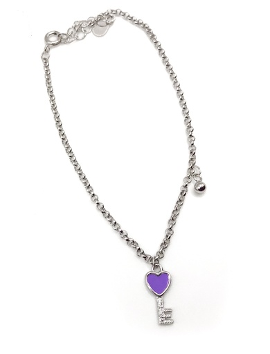[B0084] Pulseras plata llave de corazón esmaltado morada