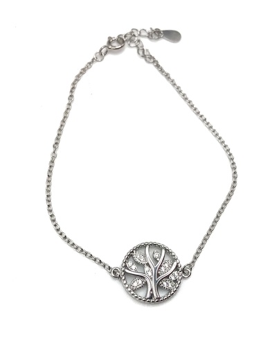 [B0089] Pulseras plata árbol de la vida mediano con piedras blancas en hojas
