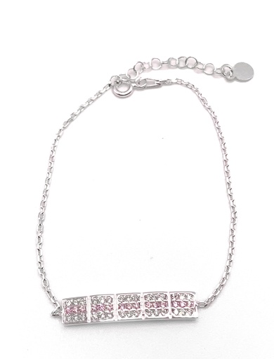 [B0121] Pulseras plata línea de rectángulos con enjoye en rosado y blanco