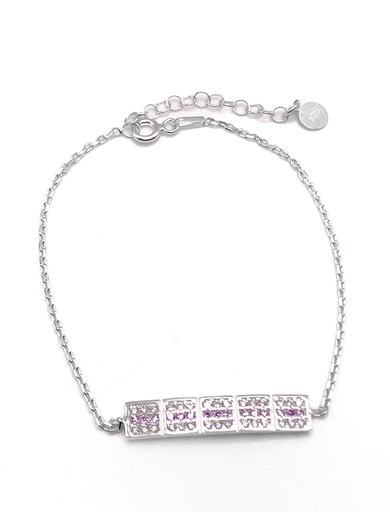 [B0126] Pulseras plata línea de rectángulos con enjoye en lila y blanco