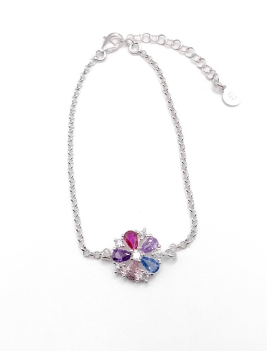 [B0127] Pulseras plata flor piedras multicolor