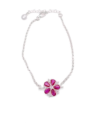 [B0128] Pulseras plata flor piedras fucsias