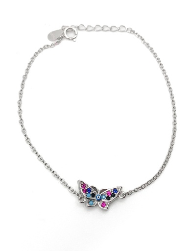 [B0138] Pulseras plata mariposa con ojo turco pequeño y pierdas multicolores