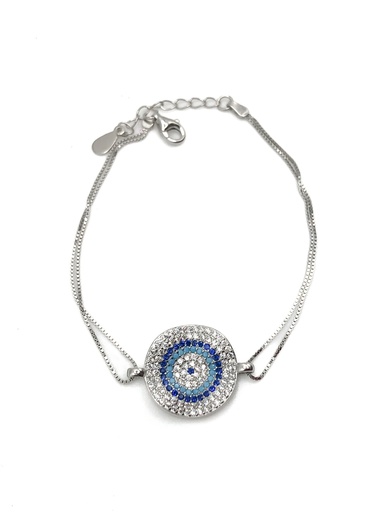 [B0139] Pulseras plata plato ojo turco mircropave piedras celestes, azules y blancas