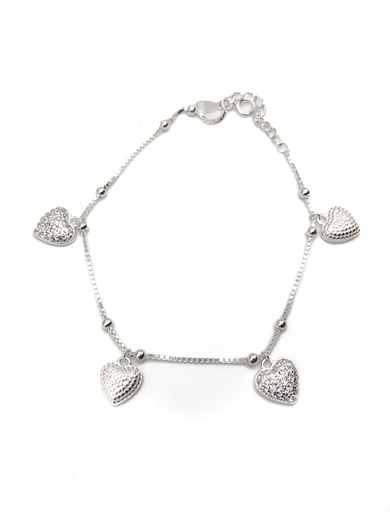 [B0142] Pulseras plata corazones piedras blancas