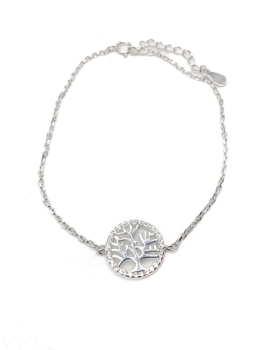 [B0145] Pulseras plata árbol de la vida liso en circulo de piedras blancas