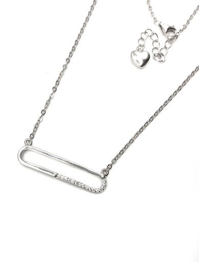 [N0026] Collares plata oval largo con enjoye blanco