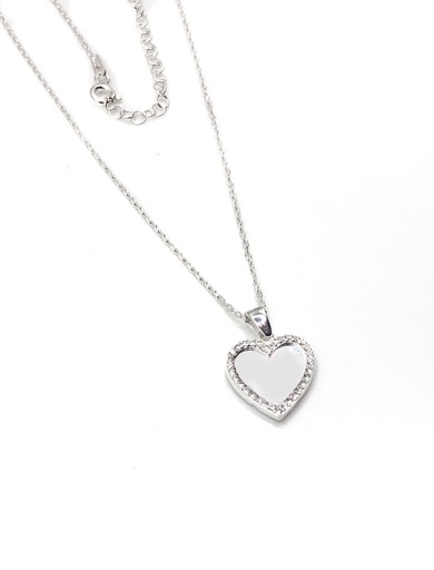 [N0057] Collares plata corazón con placa y piedras blancas