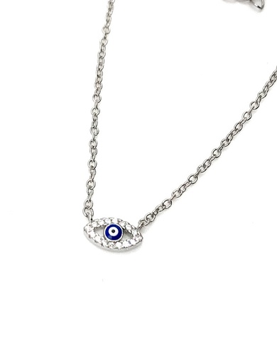 [N0060] Collares plata ojo turco pequeño de piedras blancas con ojo azul