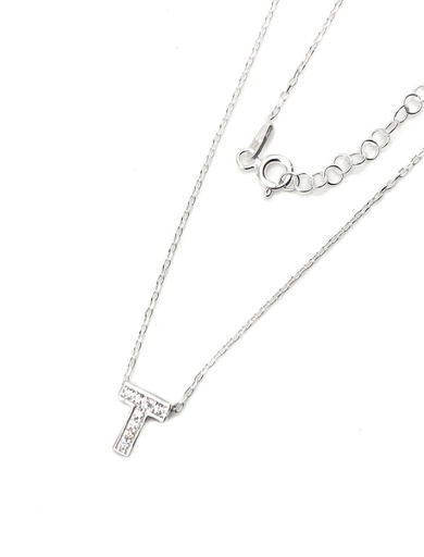 [N0070] Collares plata inicial T pequeña con enjoye blanco